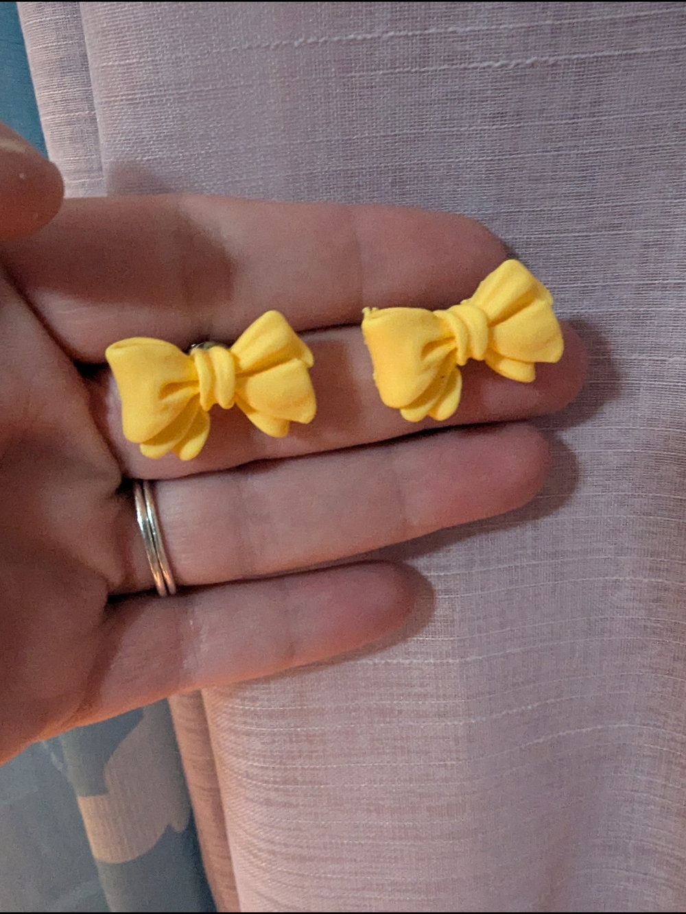 Yellow Bow Earrings - Cute Bow Studs And Matching Adjustable Ring